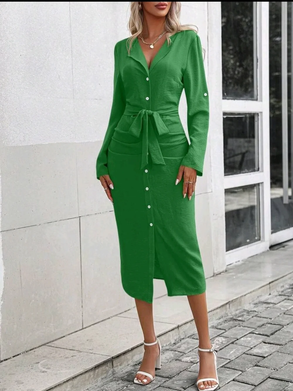 SHEIN Green Button Front Midi Dress | Tie Waist | Chic & Flattering NIB - Picture 5 of 10
